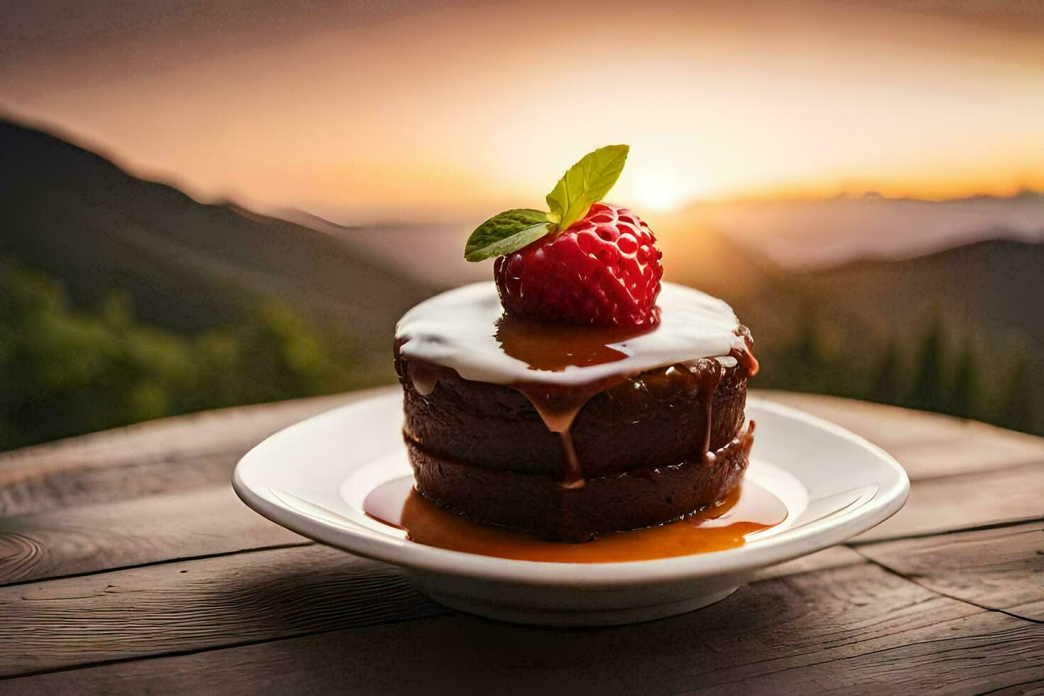 a dessert on a plate with a strawberry on top. AI-Generated photo