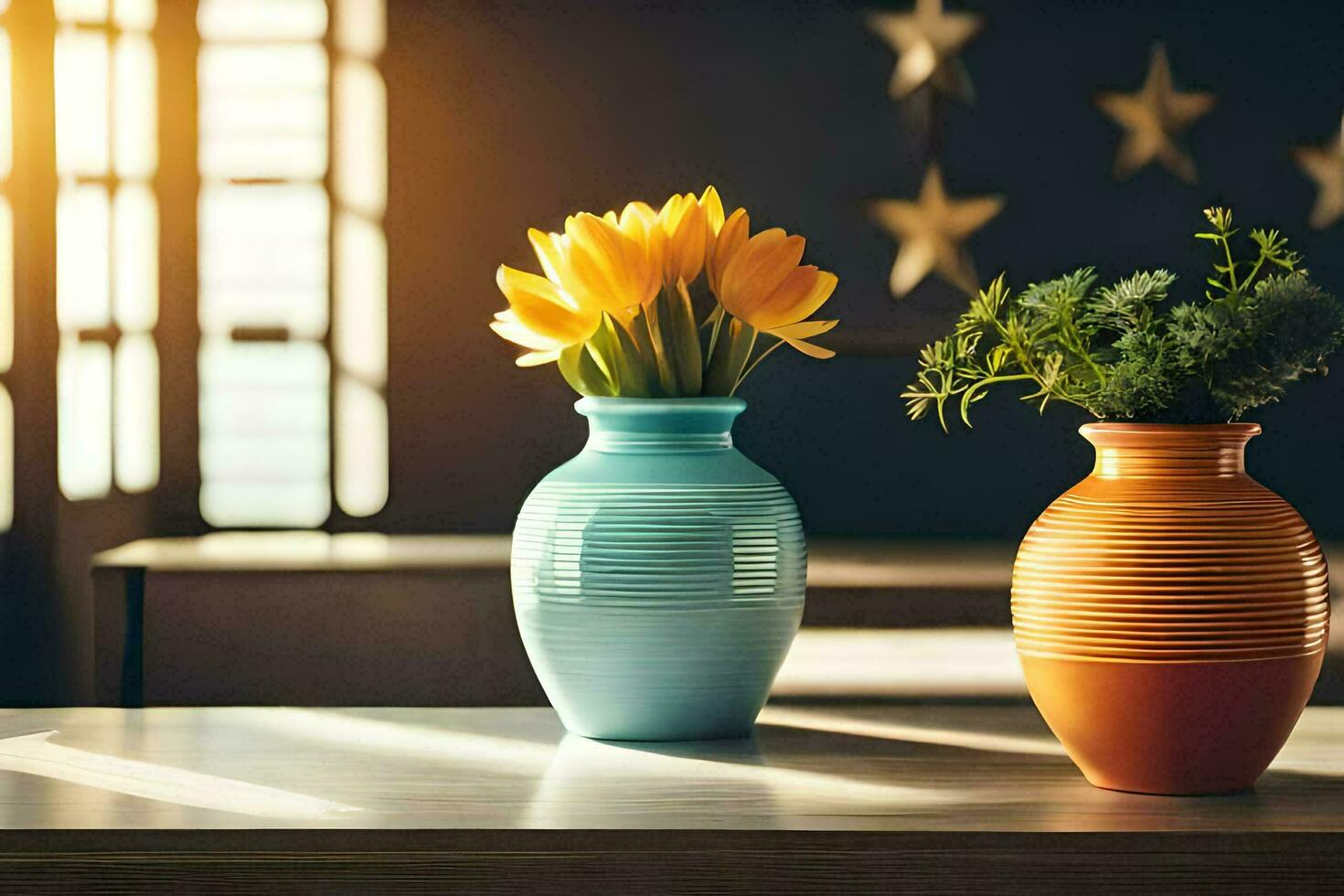 two vases with flowers on a table. AI-Generated photo