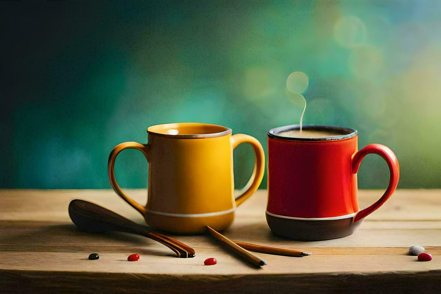two coffee cups on a wooden table with a spoon. AI-Generated photo