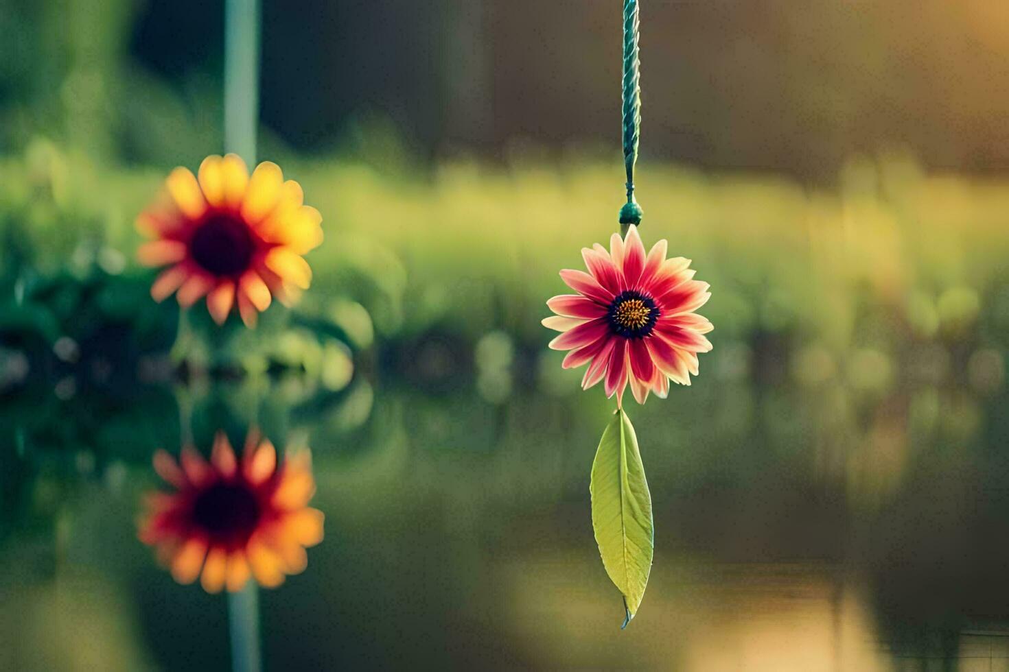 two flowers hanging from a rope over a pond. AI-Generated photo