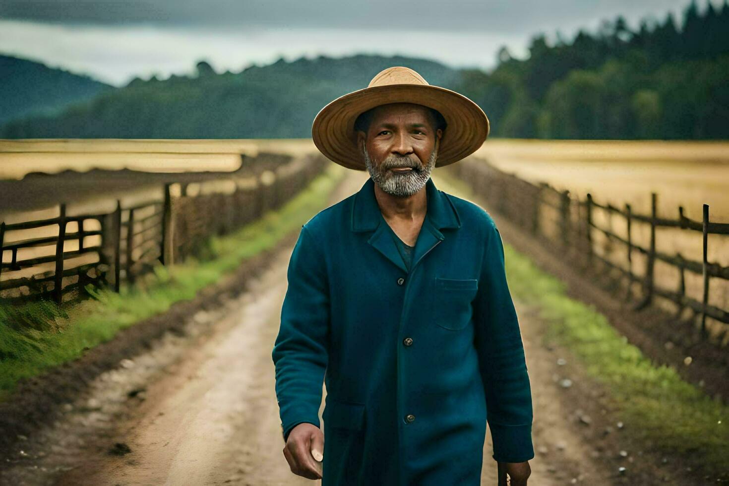 a man in a hat and coat walking down a dirt road. AI-Generated photo