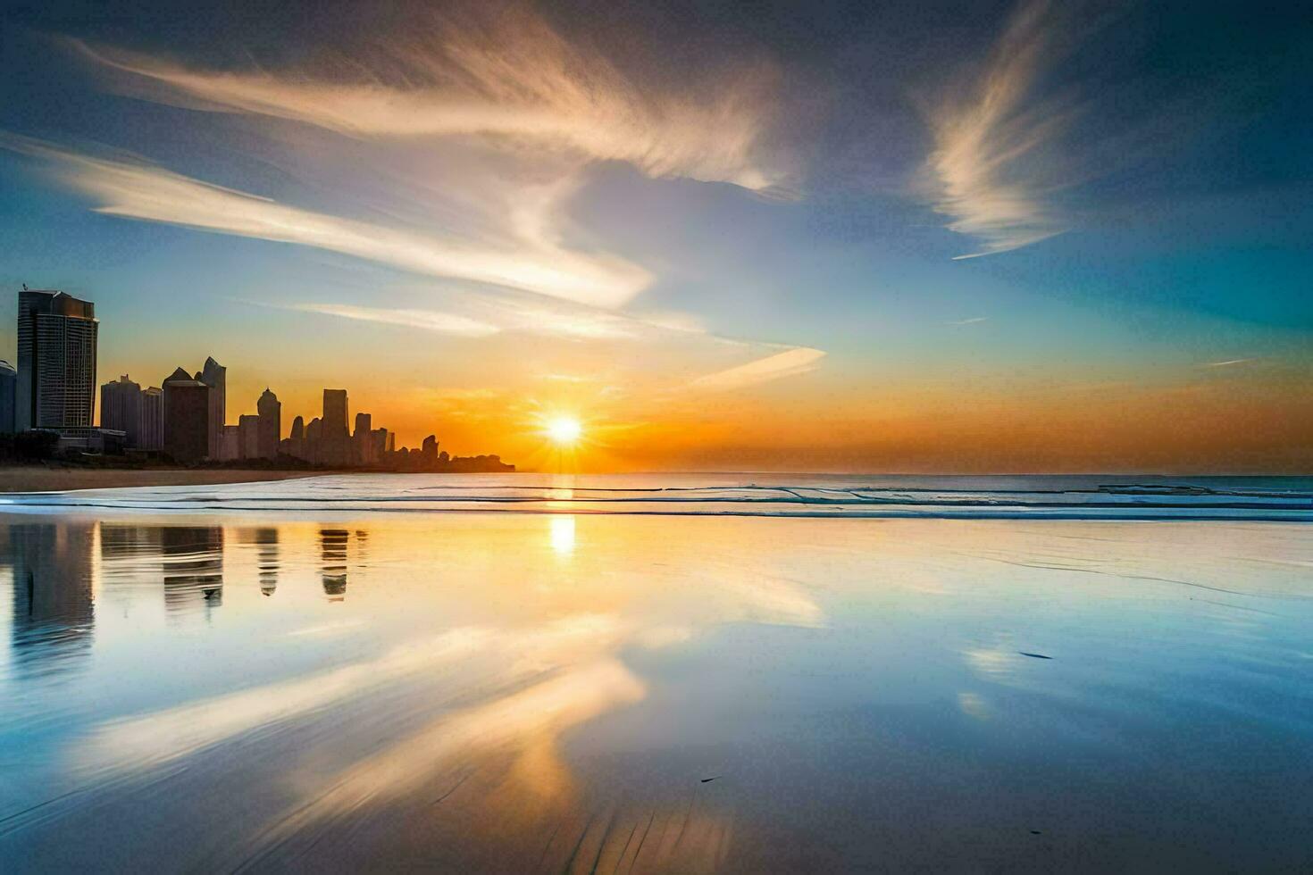 the sun sets over the city skyline on a beach. AI-Generated photo