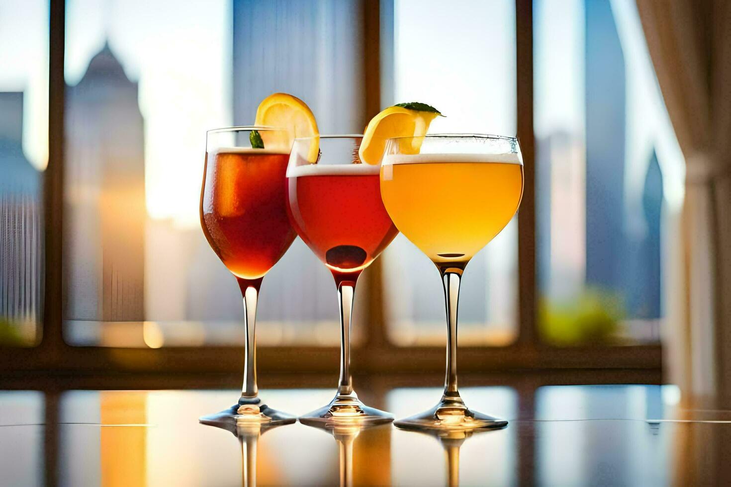 three glasses of different drinks with a city view. AI-Generated photo