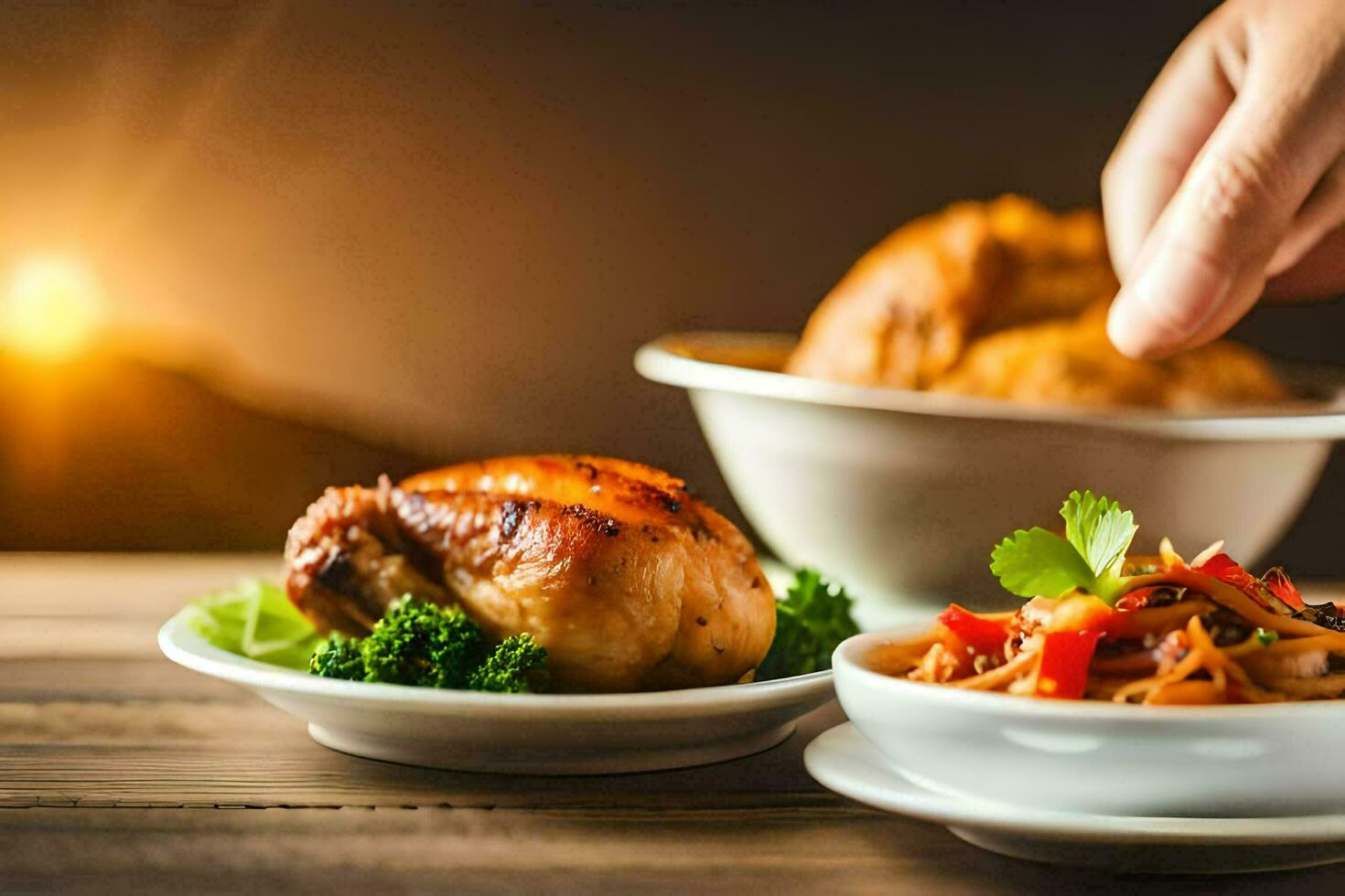 a person is holding a chicken on a plate. AI-Generated photo
