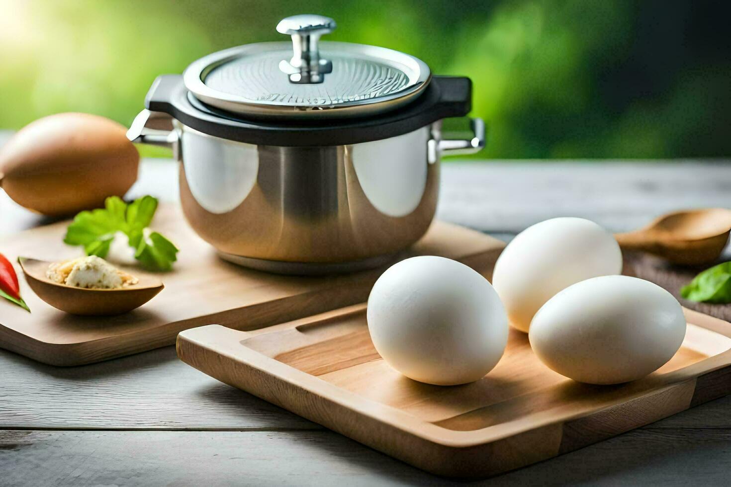 eggs on a cutting board with a pot and other ingredients. AI-Generated photo