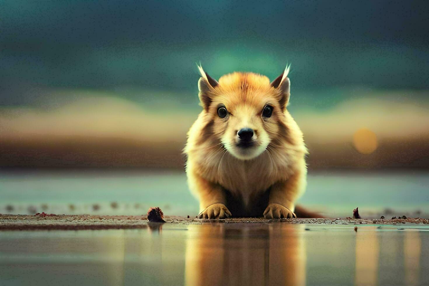 a small animal is standing on the shore. AI-Generated photo