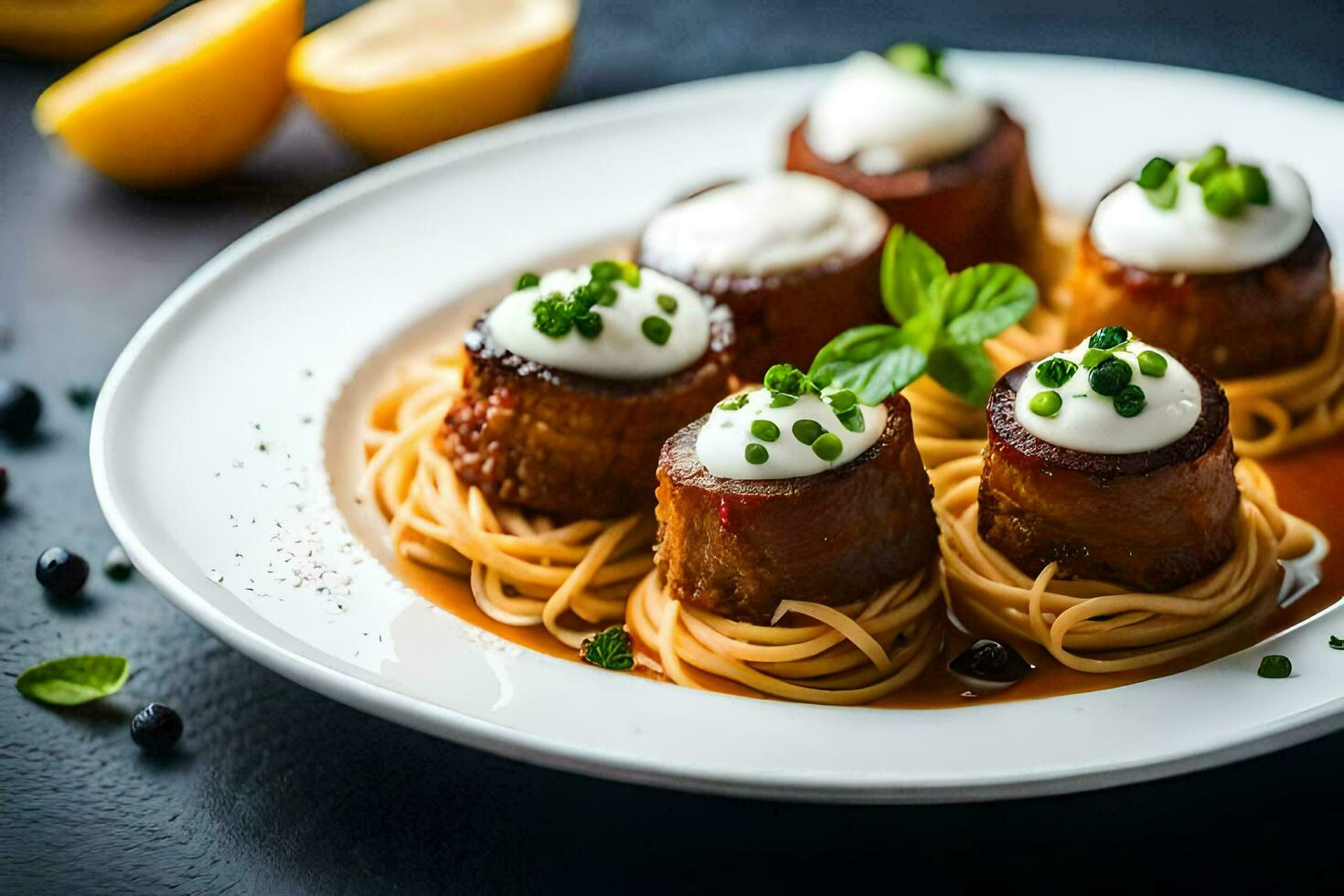 spaghetti with meatballs and sauce on a white plate. AI-Generated photo