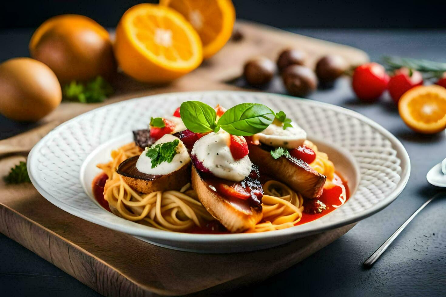 spaghetti with tomato sauce and cheese on a wooden cutting board. AI-Generated photo