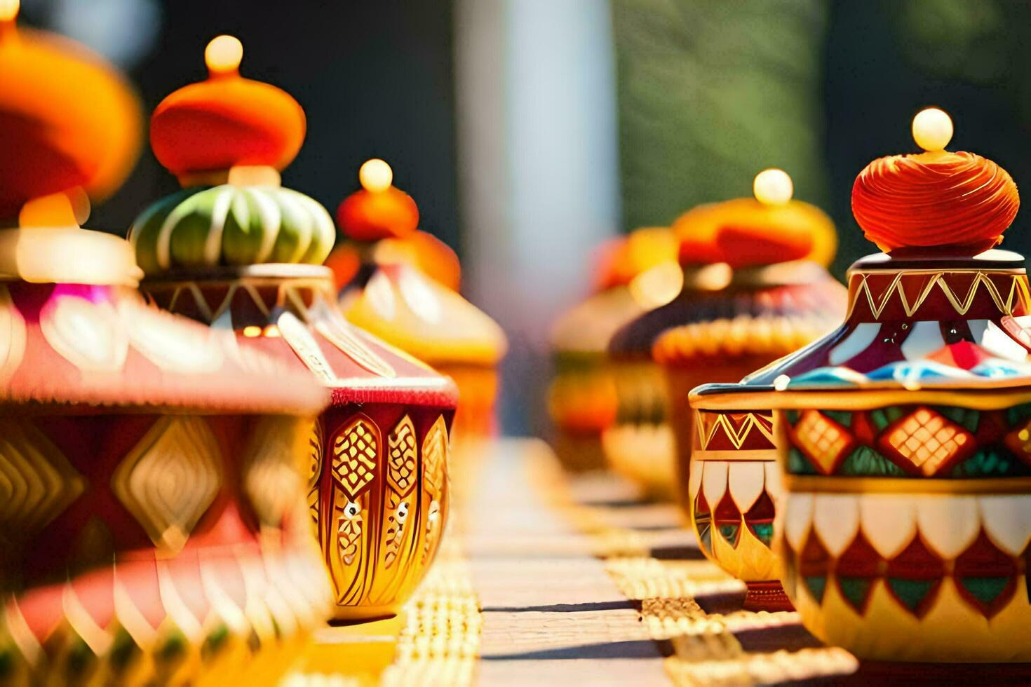 many colorful vases are lined up on a table. AI-Generated photo