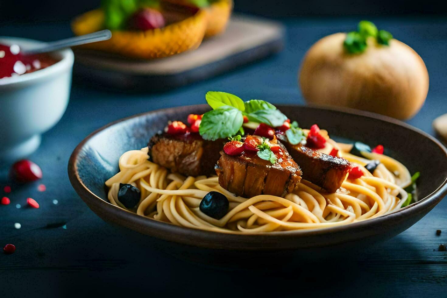 a bowl of spaghetti with meat and tomatoes. AI-Generated photo