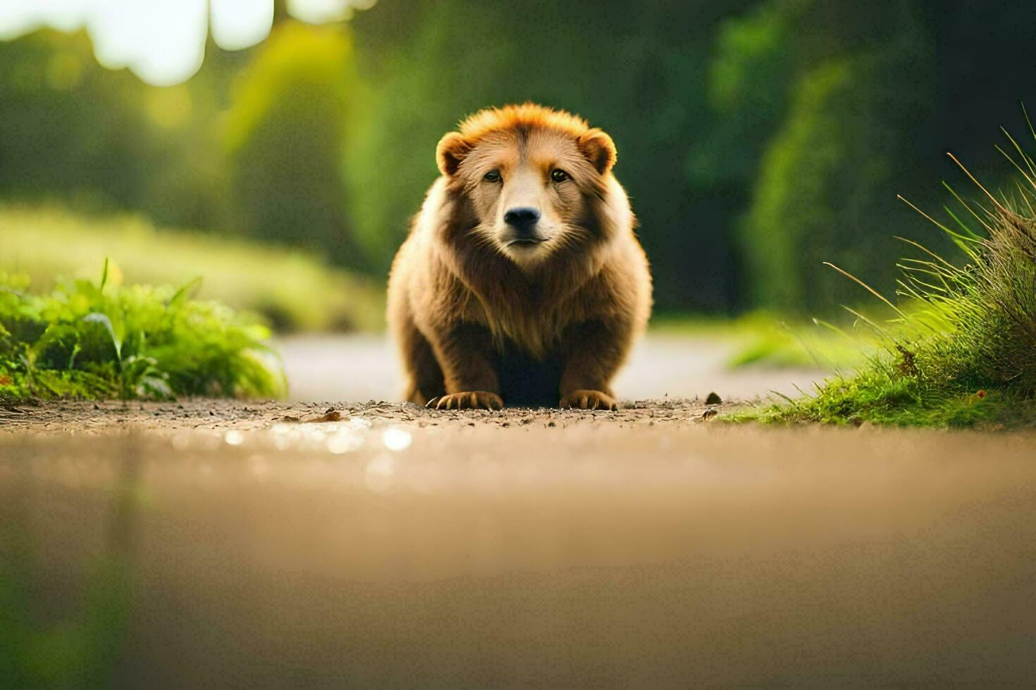 a lion is sitting on the road in the middle of a field. AI-Generated photo