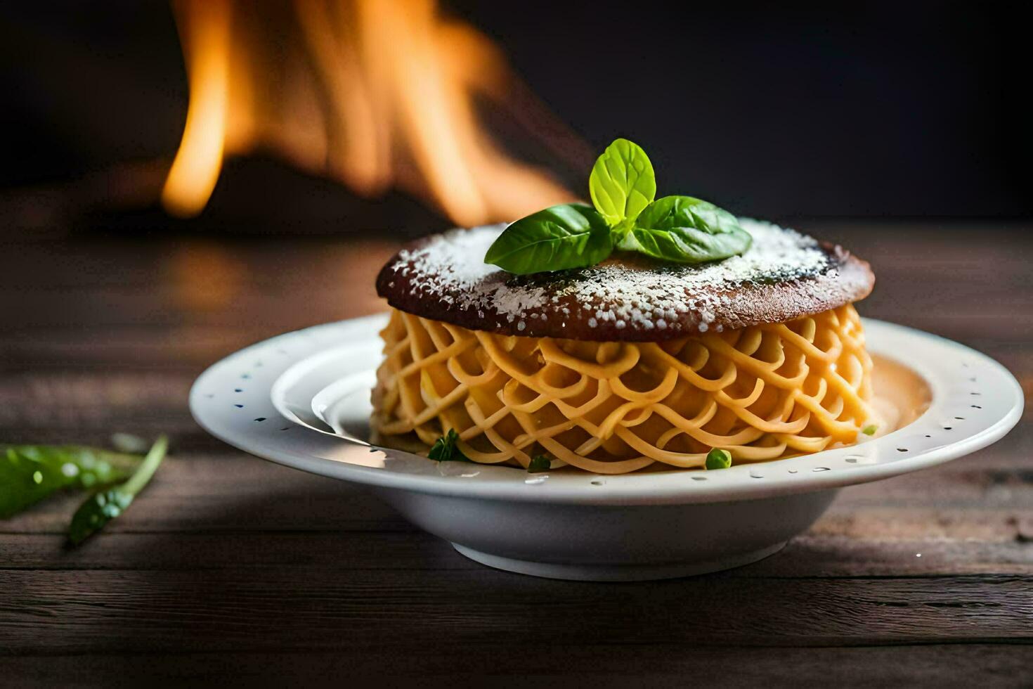 pasta with a fire in the background. AI-Generated photo