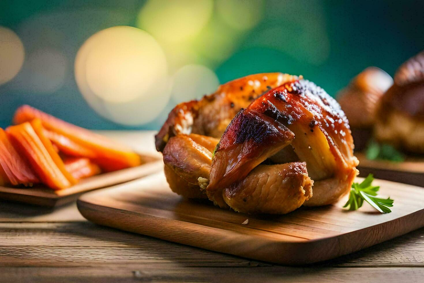 roasted chicken on a wooden cutting board with carrots. AI-Generated photo