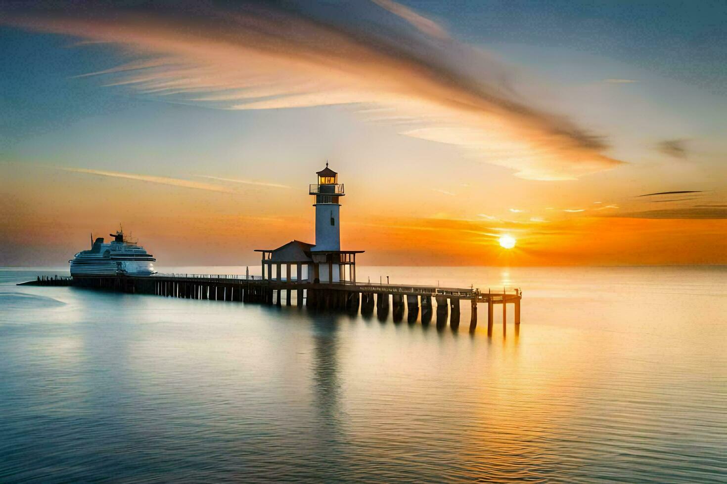 a lighthouse at sunset with a large pier. AI-Generated photo