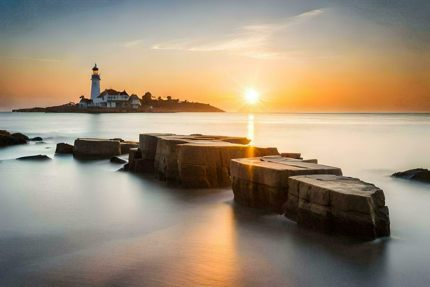 the sun sets over a lighthouse in the ocean. AI-Generated photo