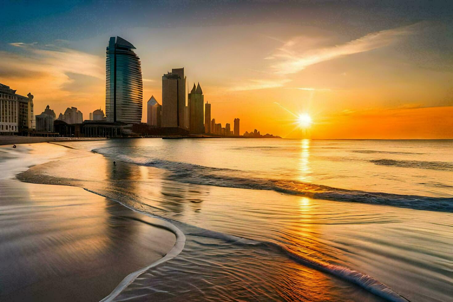 the sun sets over the city skyline in dubai. AI-Generated photo