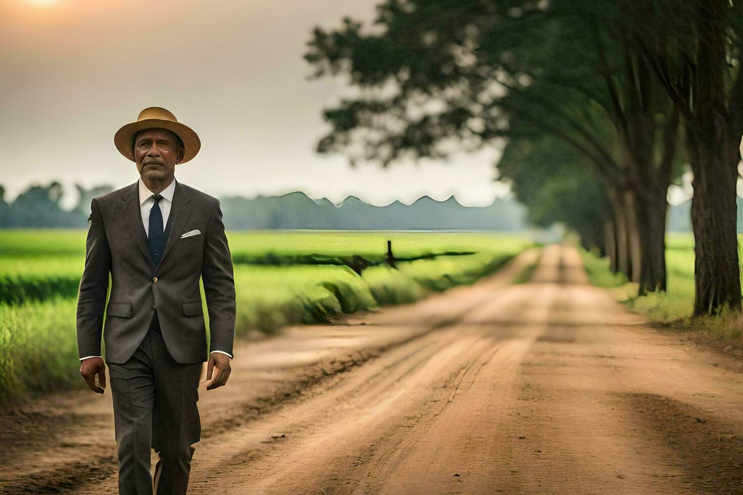 un hombre en un traje y sombrero caminando abajo un suciedad la carretera. generado por ai foto