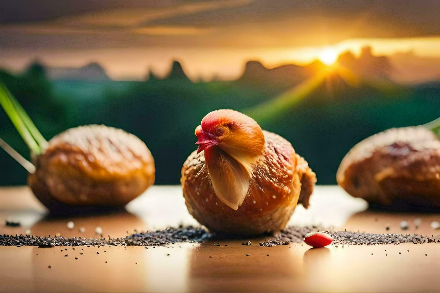 chicken on a table with a sunset in the background. AI-Generated photo