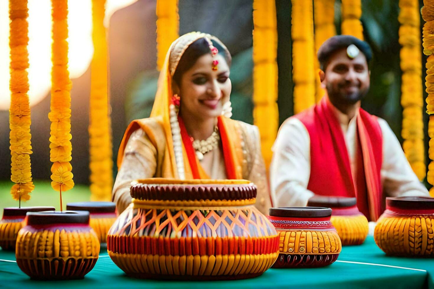 a couple in traditional indian attire sit at a table with pots and flowers. AI-Generated photo