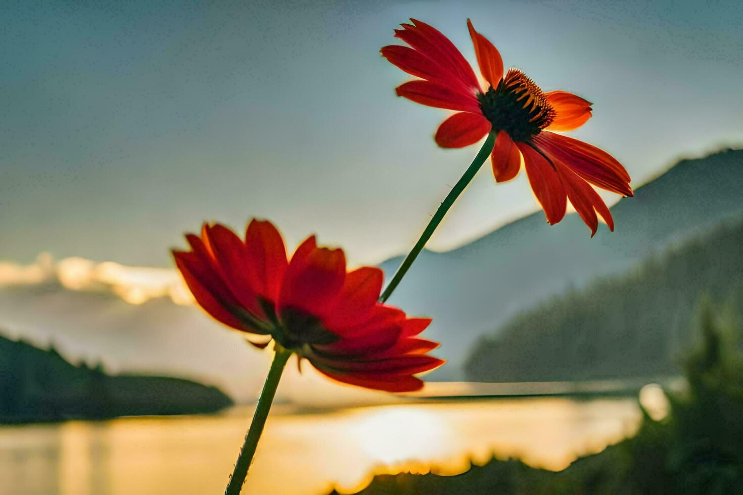 two red flowers are standing in front of a lake. AI-Generated photo