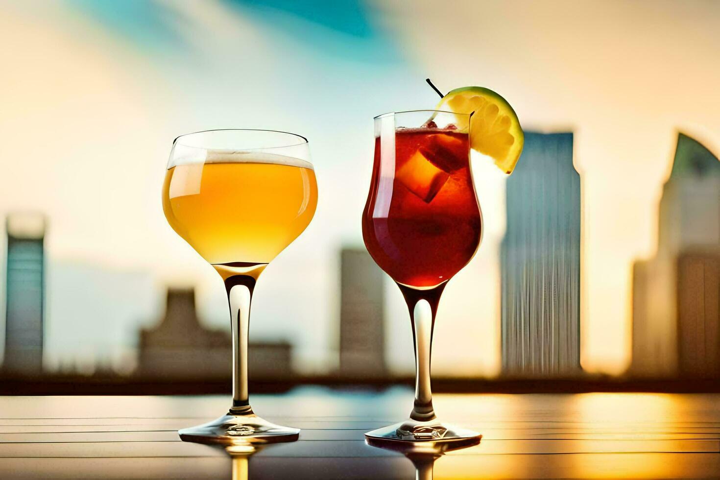 two glasses of alcohol with a city skyline in the background. AI-Generated photo