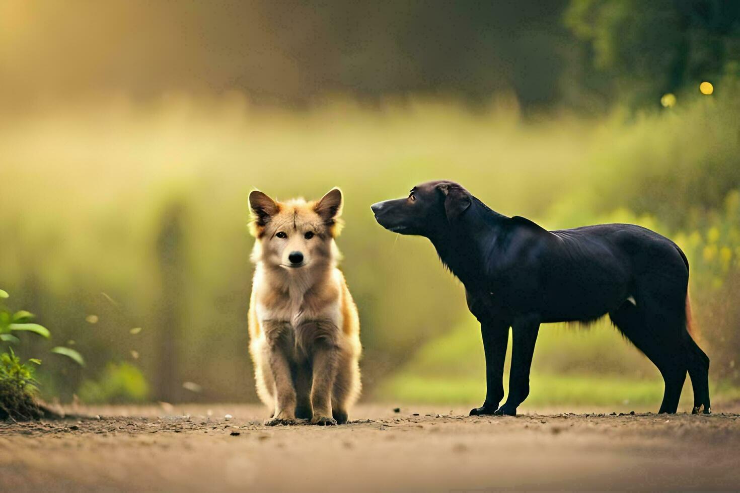 two dogs standing on a road in the sun. AI-Generated photo