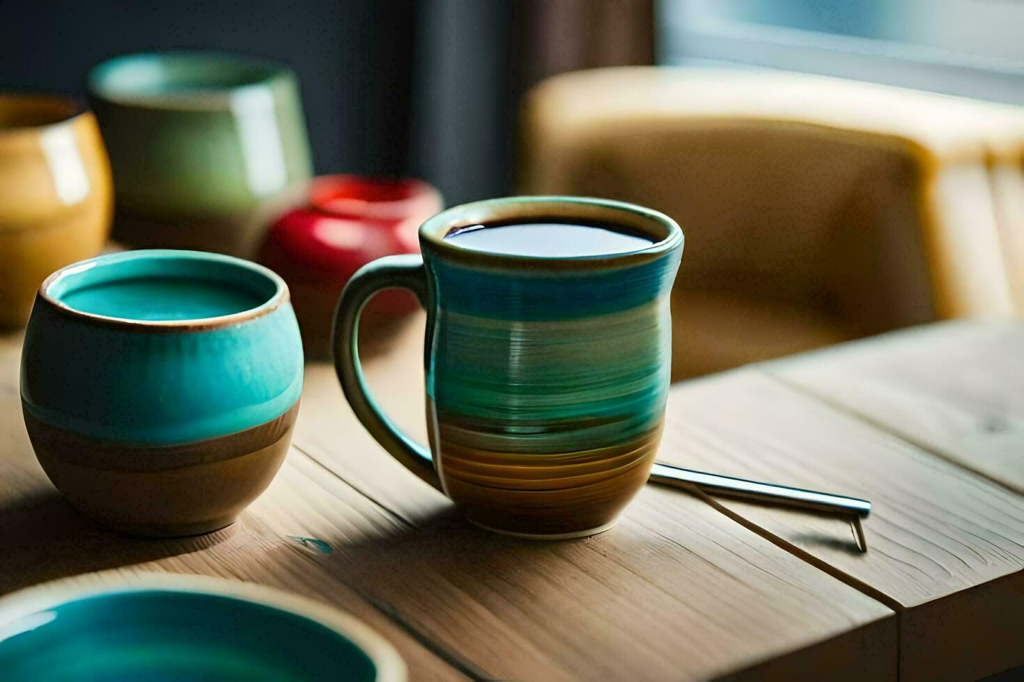 a table with several colorful coffee cups and a cup. AI-Generated photo