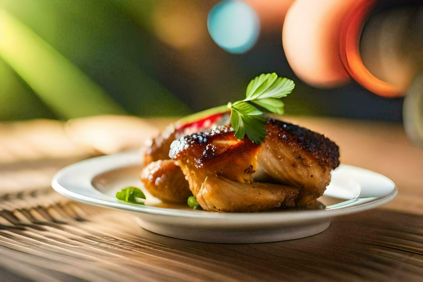 a plate with chicken on it and a glass of wine. AI-Generated photo