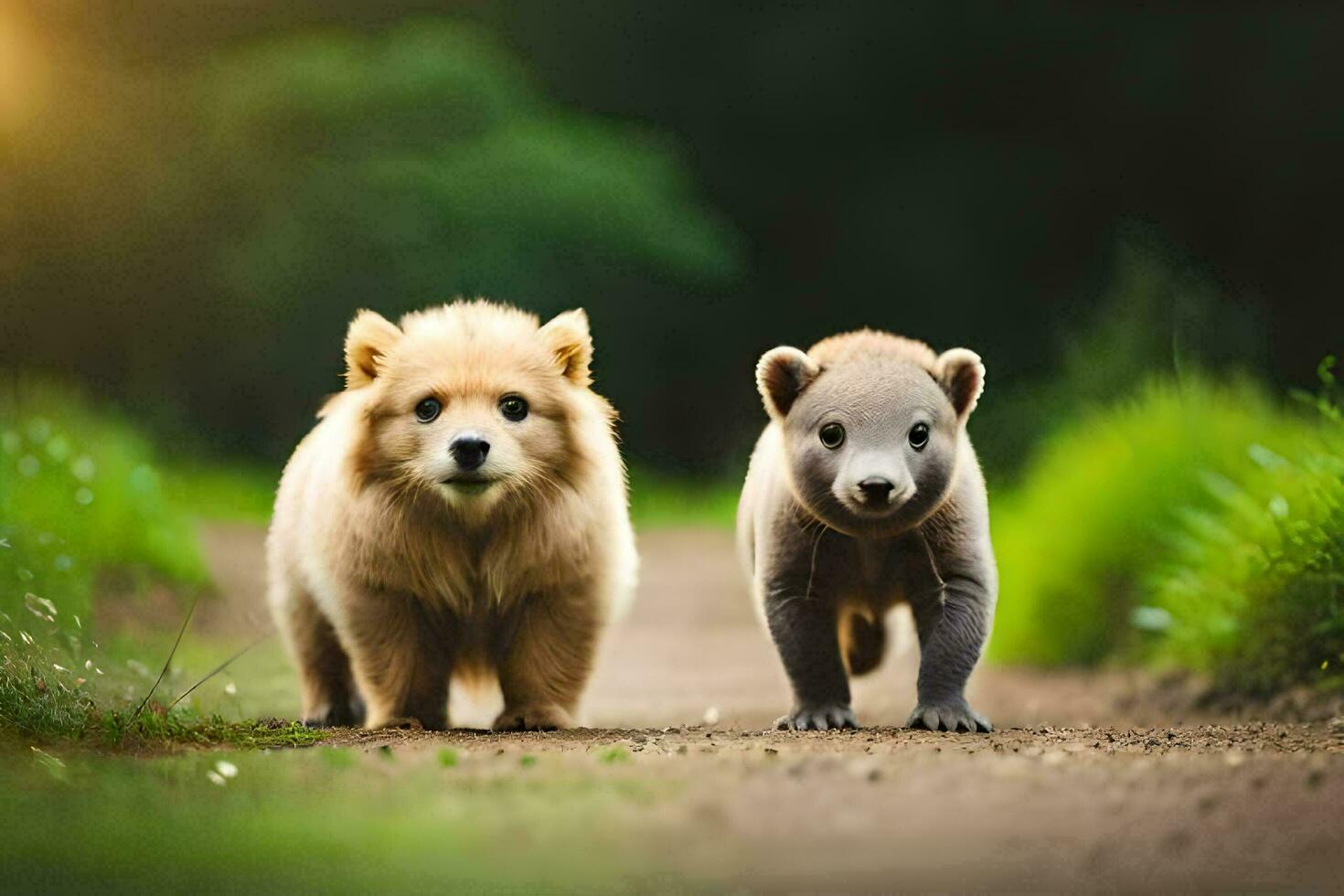 dos pequeño osos caminando abajo un suciedad la carretera. generado por ai foto