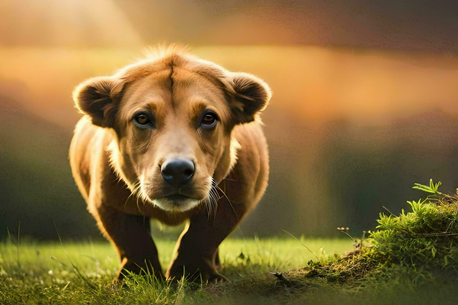 a brown dog is walking in the grass. AI-Generated photo