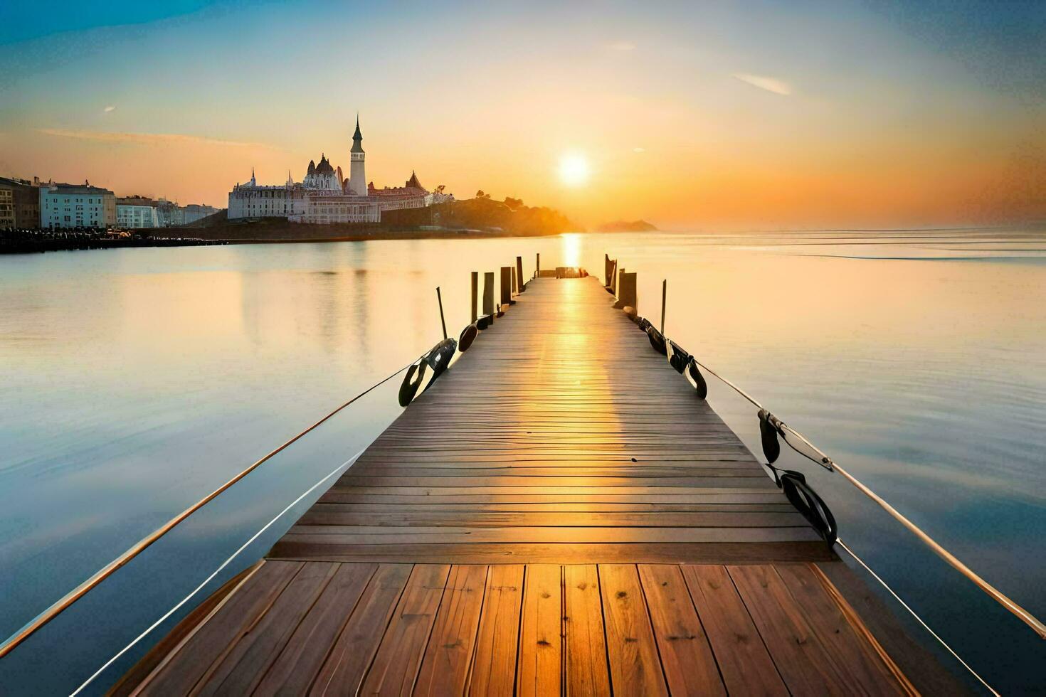 un muelle en el agua con el Dom ajuste detrás él. generado por ai foto