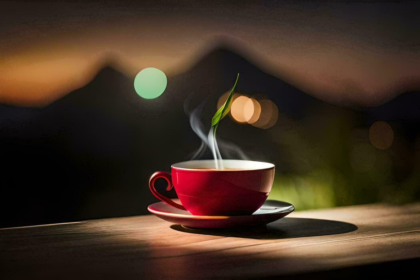 a cup of coffee on a table with mountains in the background. AI-Generated photo