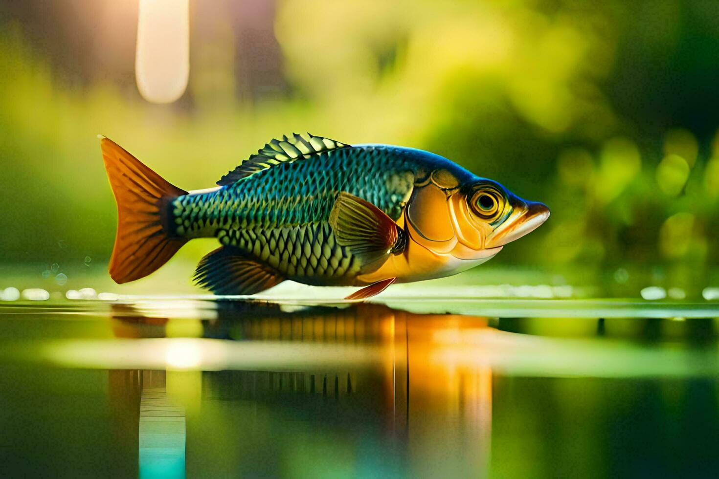 a fish is floating on the water in front of a green background. AI-Generated photo