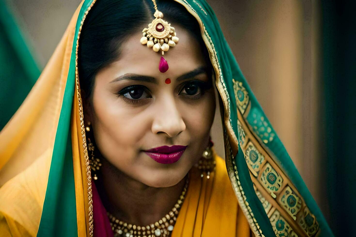 a woman in traditional indian attire with a gold necklace. AI-Generated photo