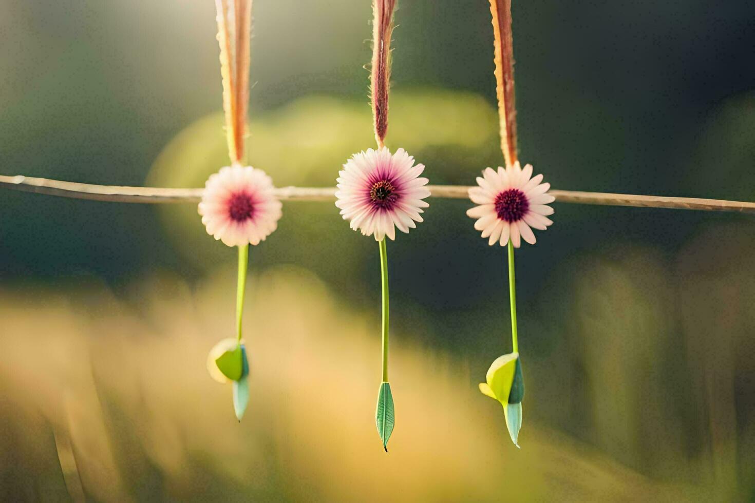 three pink flowers hanging from a wire. AI-Generated photo
