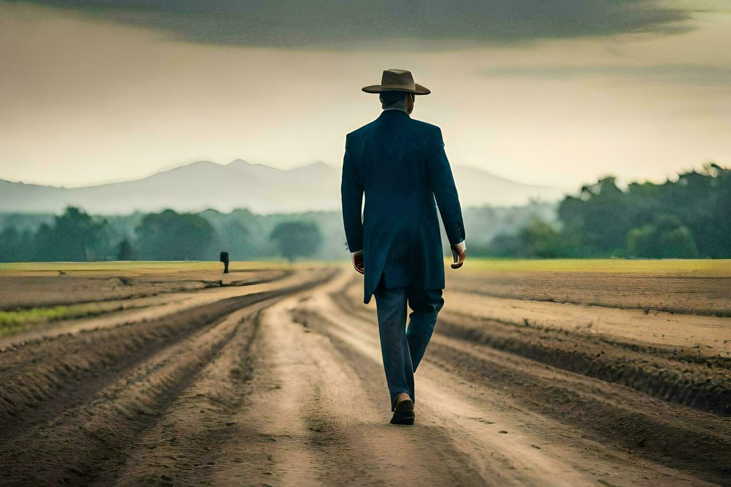 a man in a suit and hat walking down a dirt road. AI-Generated photo