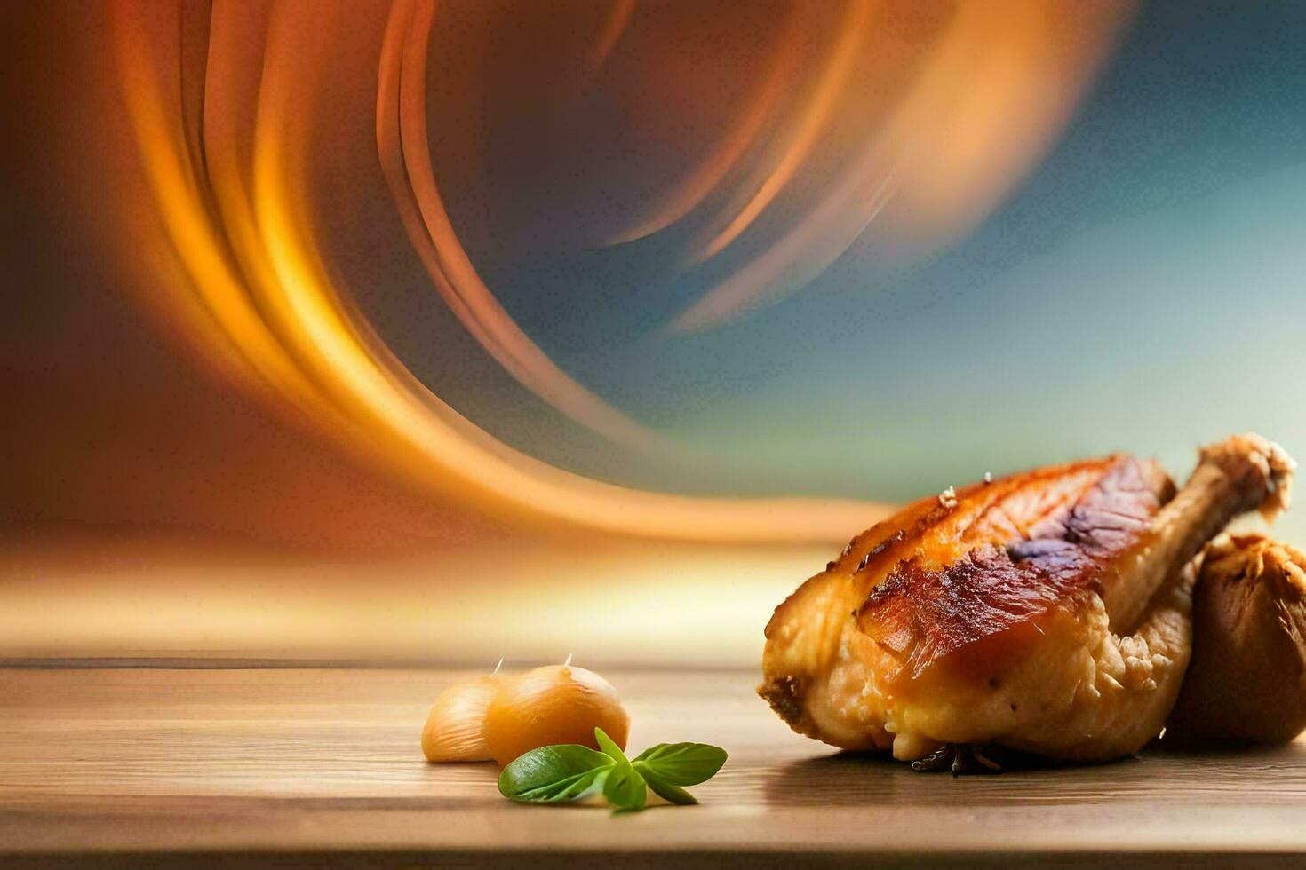 a chicken on a wooden table with a blurry background. AI-Generated photo