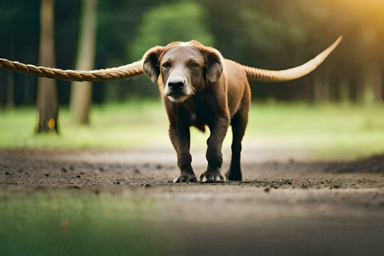 a dog walking on a dirt road with a rope. AI-Generated photo