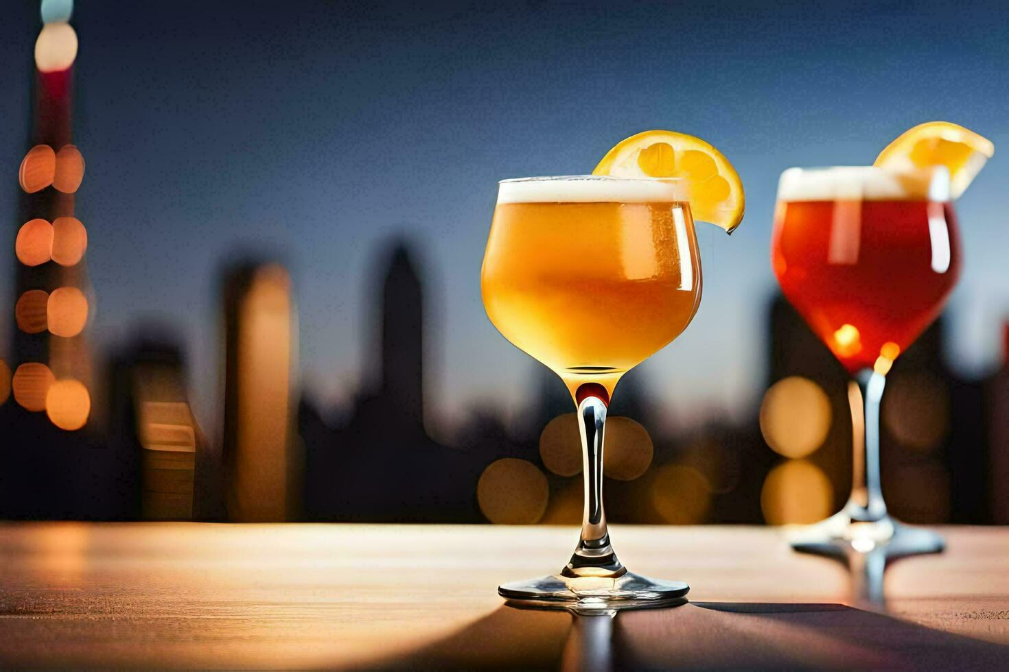 two glasses of alcohol with a city skyline in the background. AI-Generated photo