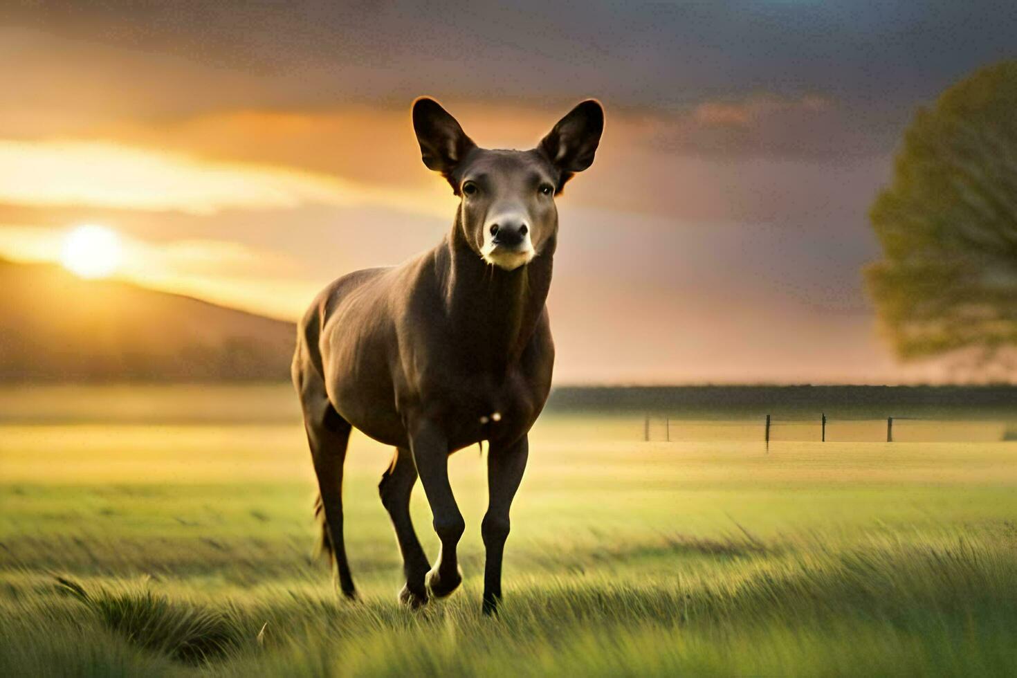a black horse is standing in a field at sunset. AI-Generated photo