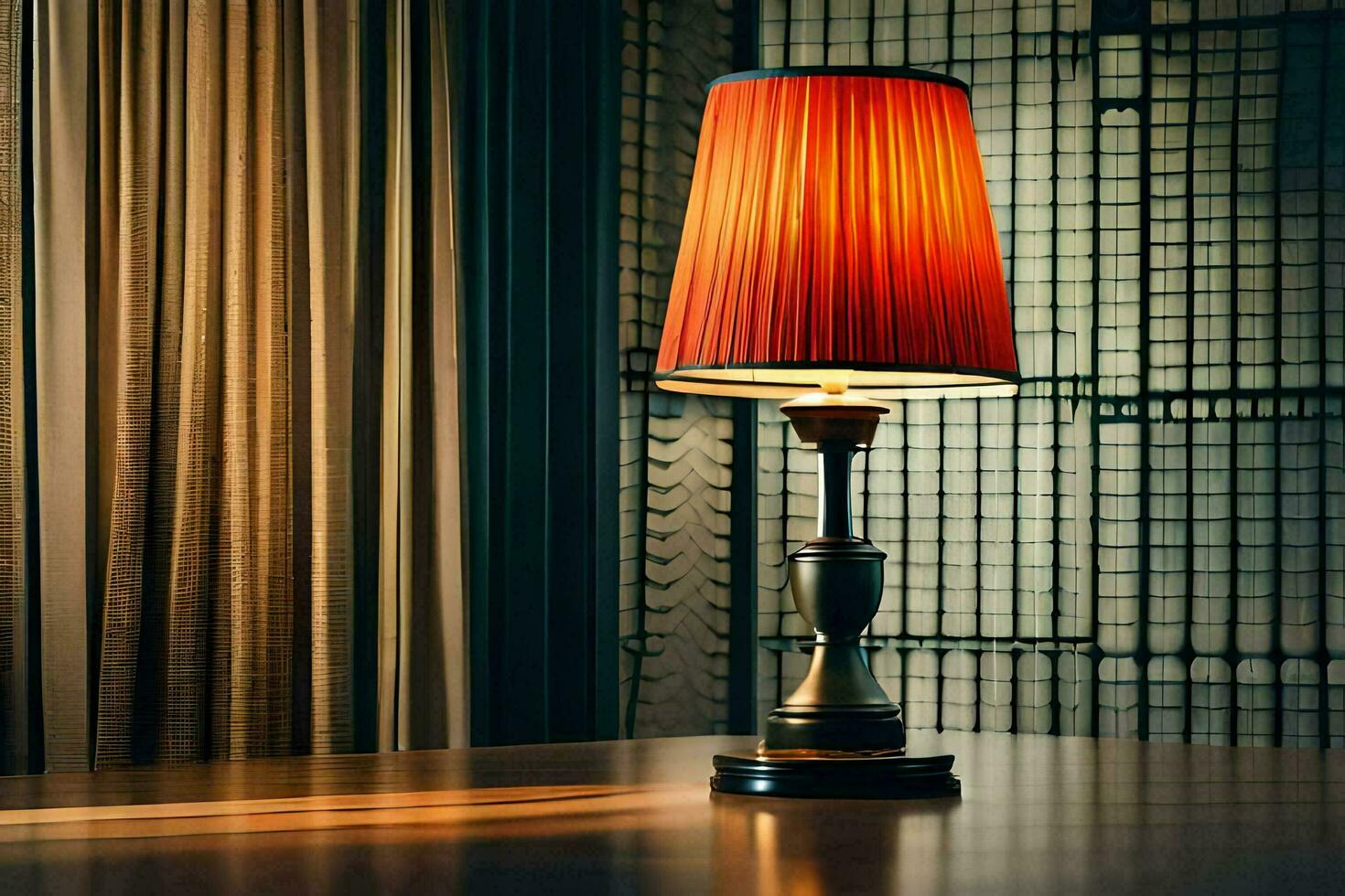 a lamp on a table in front of curtains. AI-Generated photo