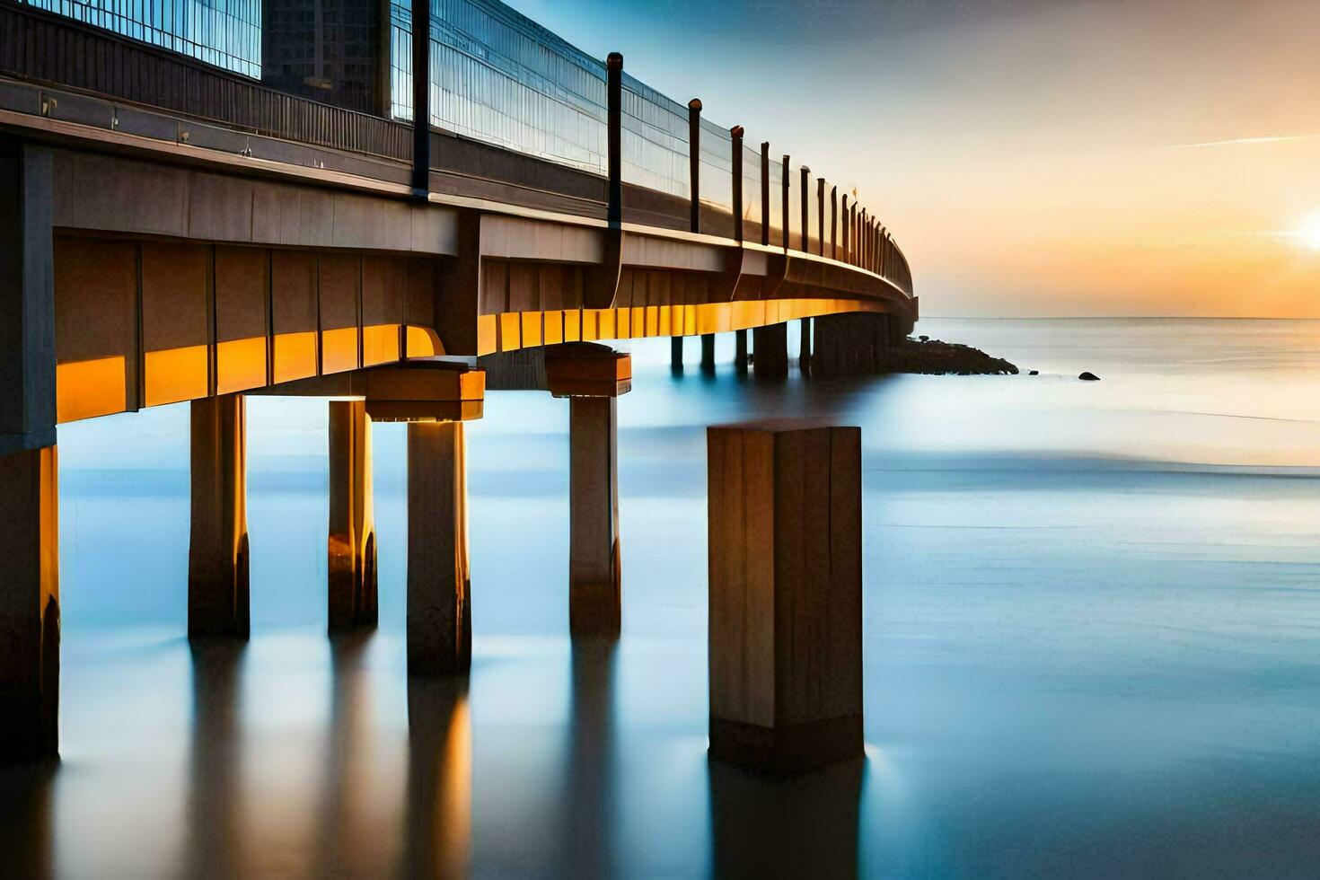 a long exposure photograph of a pier at sunset. AI-Generated photo