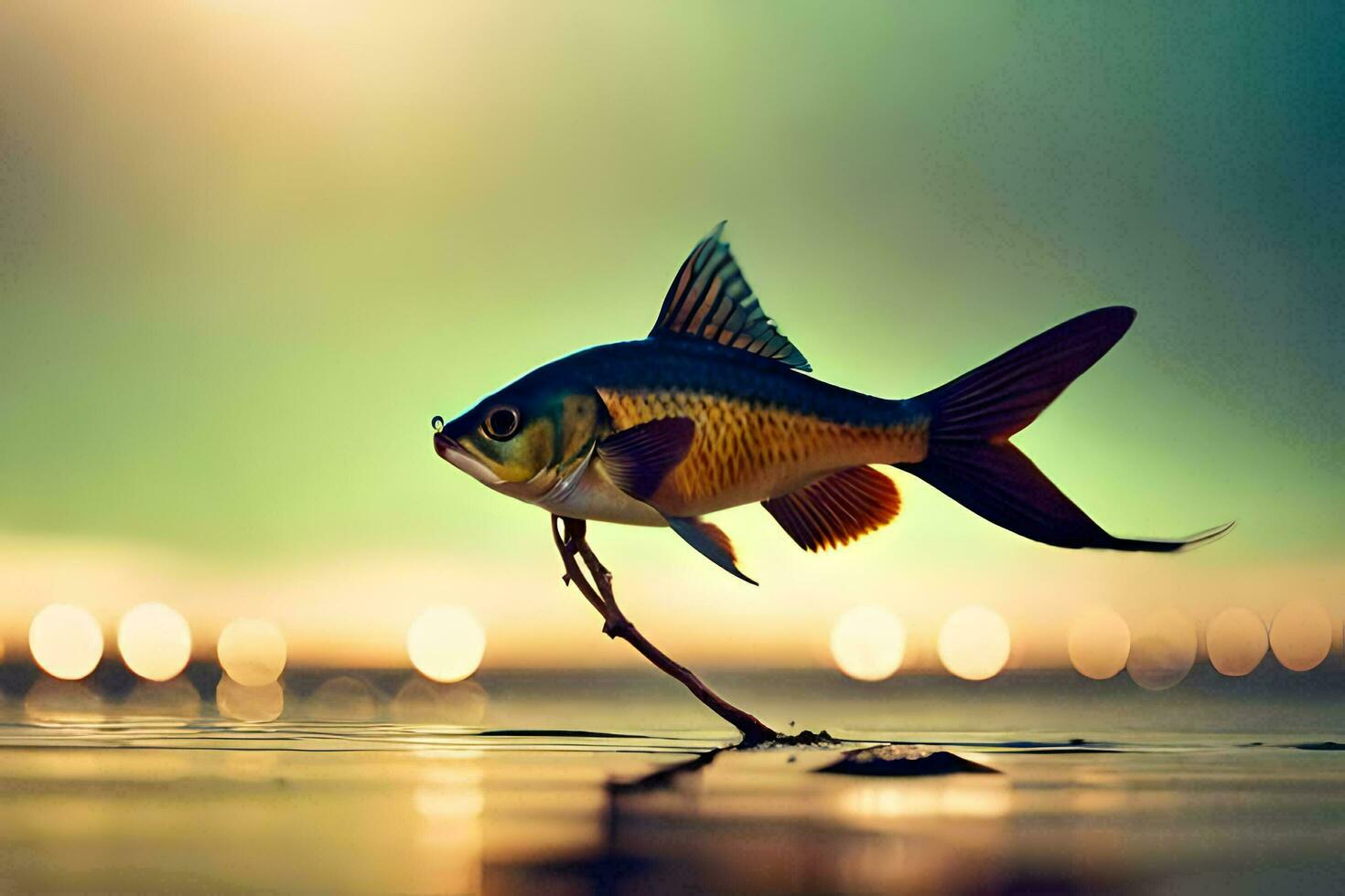 a fish is standing on a branch in the water. AI-Generated photo