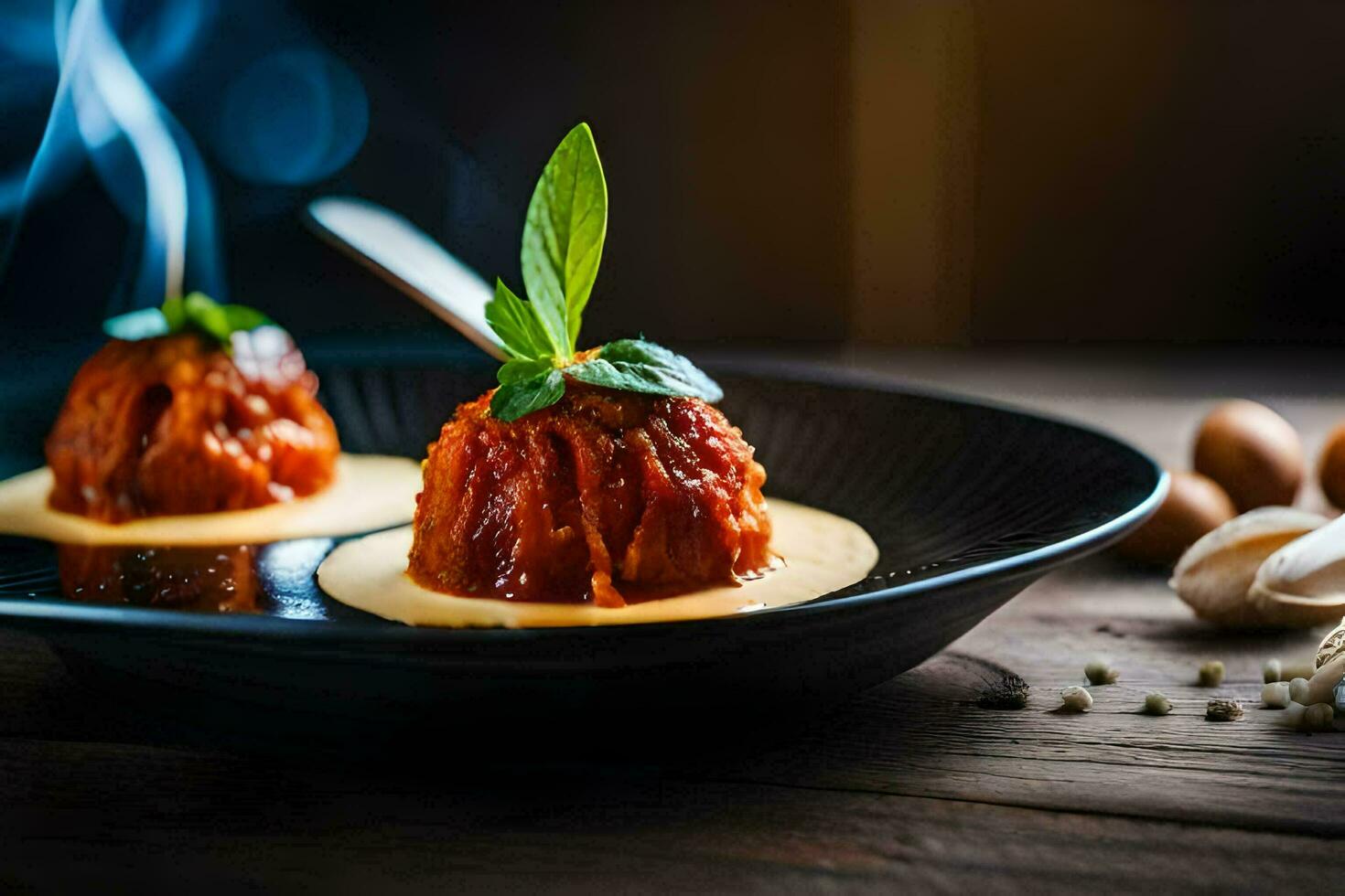 two small desserts on a plate with spices. AI-Generated photo