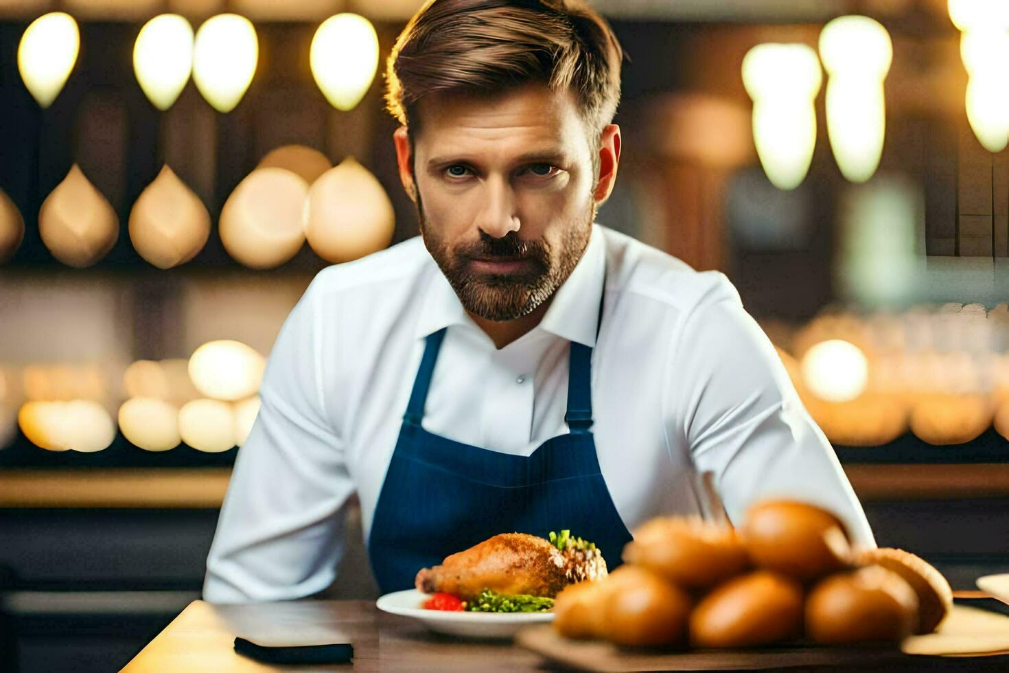a man in an apron sitting at a table with a plate of food. AI-Generated photo