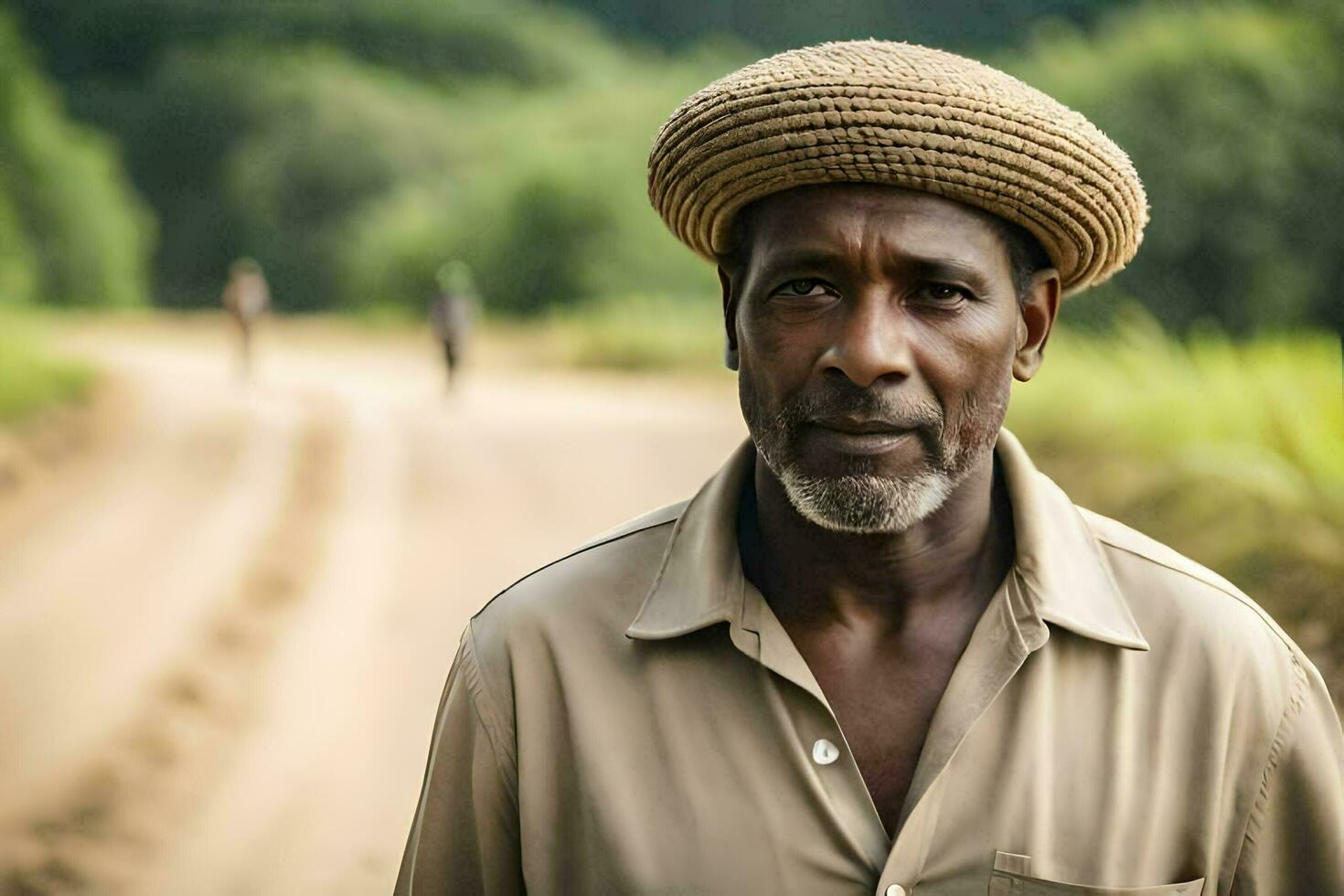 a man wearing a hat stands on a dirt road. AI-Generated photo