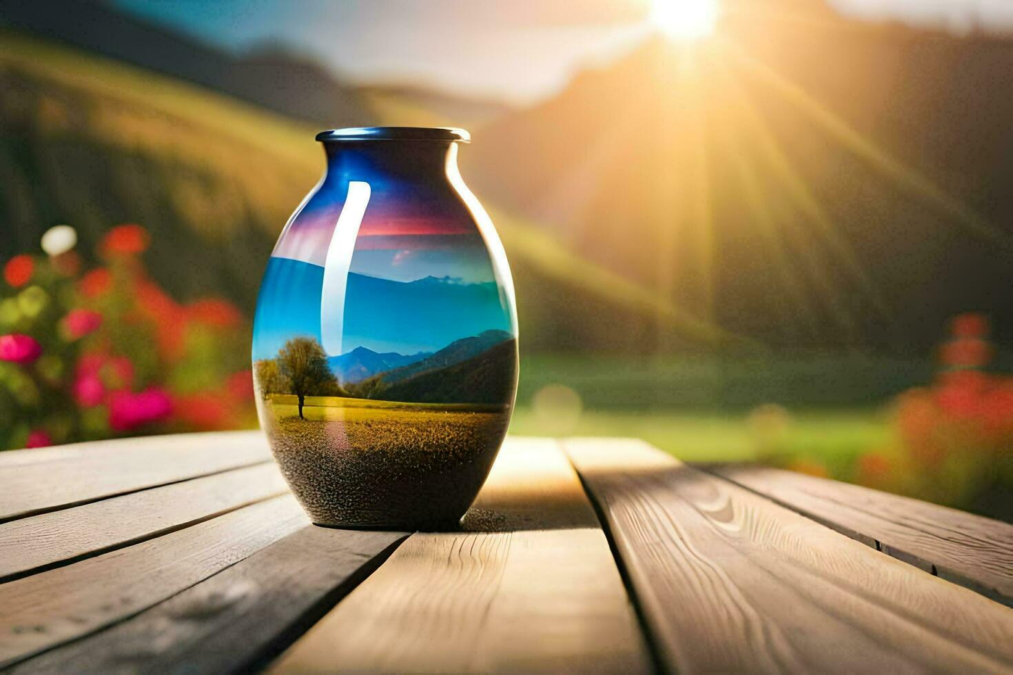 a vase with a landscape scene on it sitting on a table. AI-Generated photo