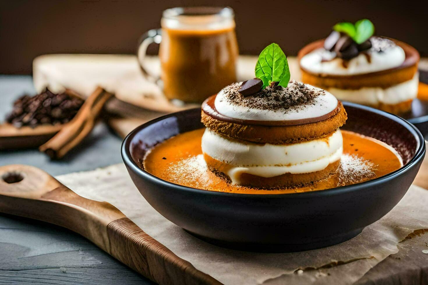 two desserts with whipped cream and cinnamon on a wooden table. AI-Generated photo