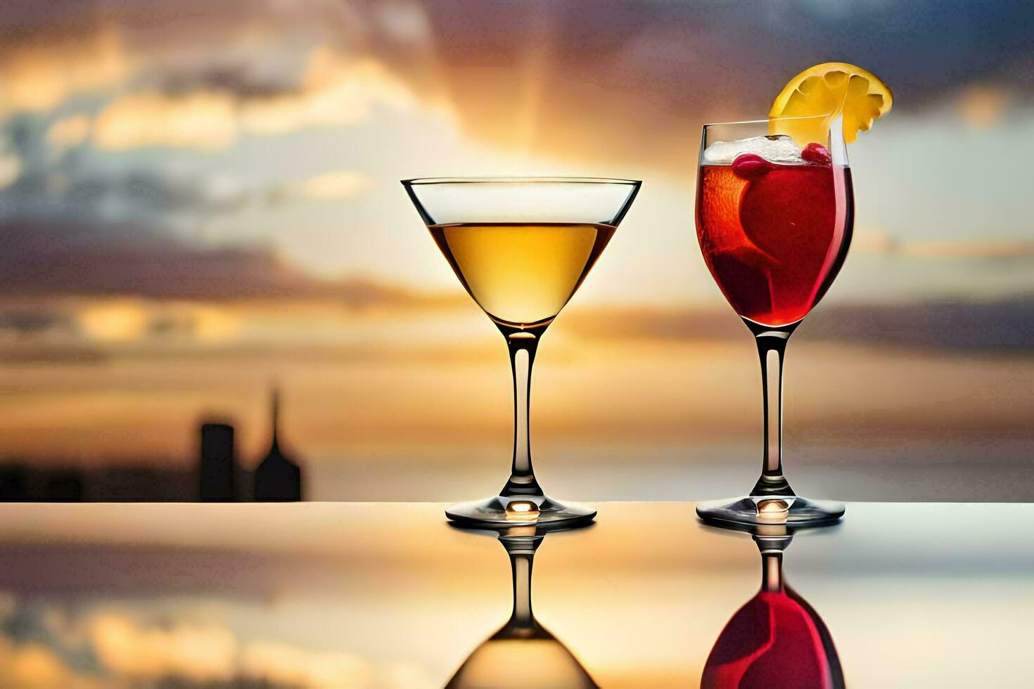 two glasses of alcohol with a sunset in the background. AI-Generated photo