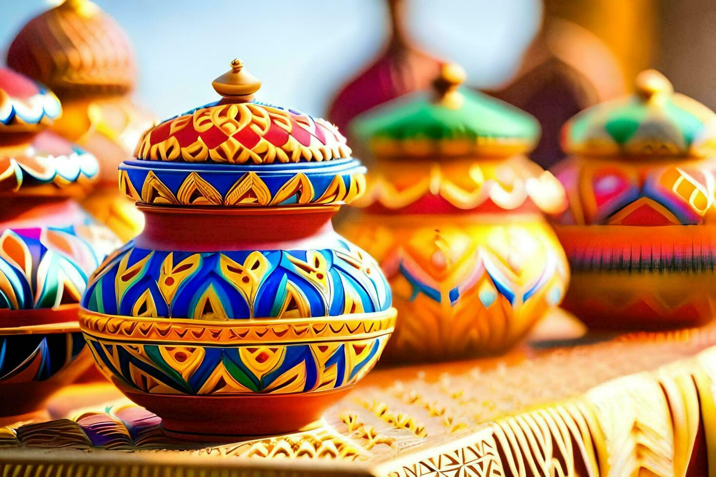 colorful painted pots on a table. AI-Generated photo